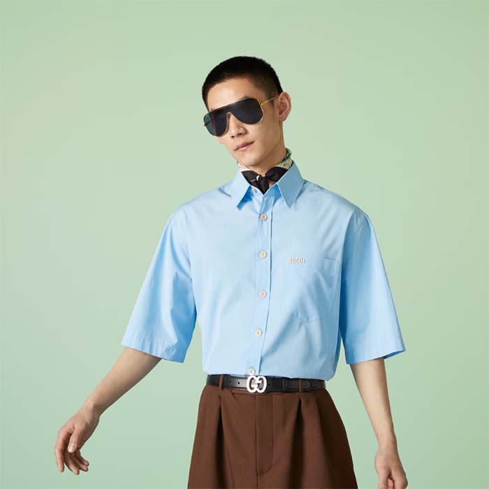 Gucci Men Cotton Poplin Embroidery Light Blue Piece Dyed Point Collar Detachable Sleeves