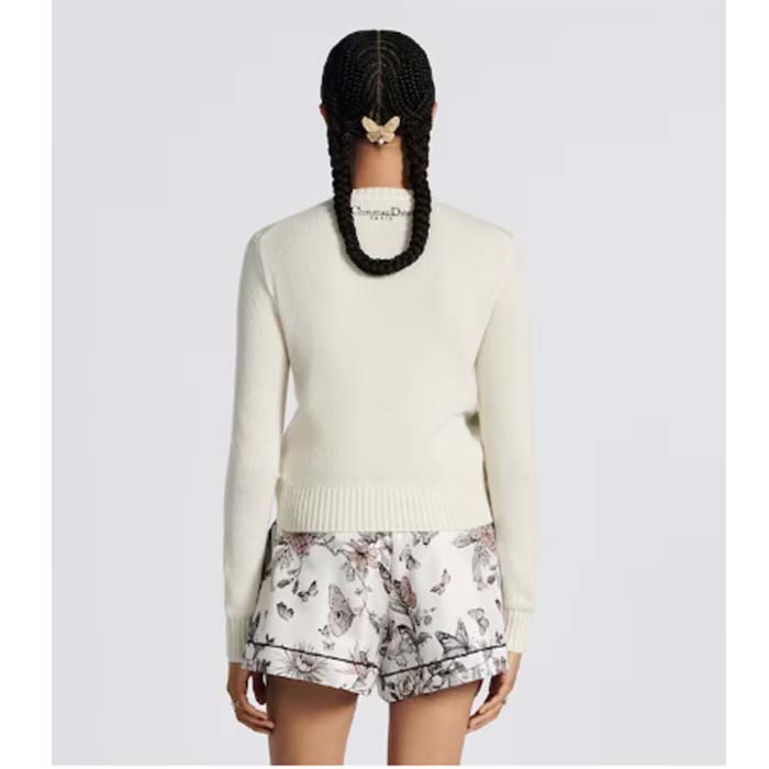 Dior Women CD Embroidered Sweater Ecru Cashmere Knit Pastel Pink Butterfly Around The World Motif