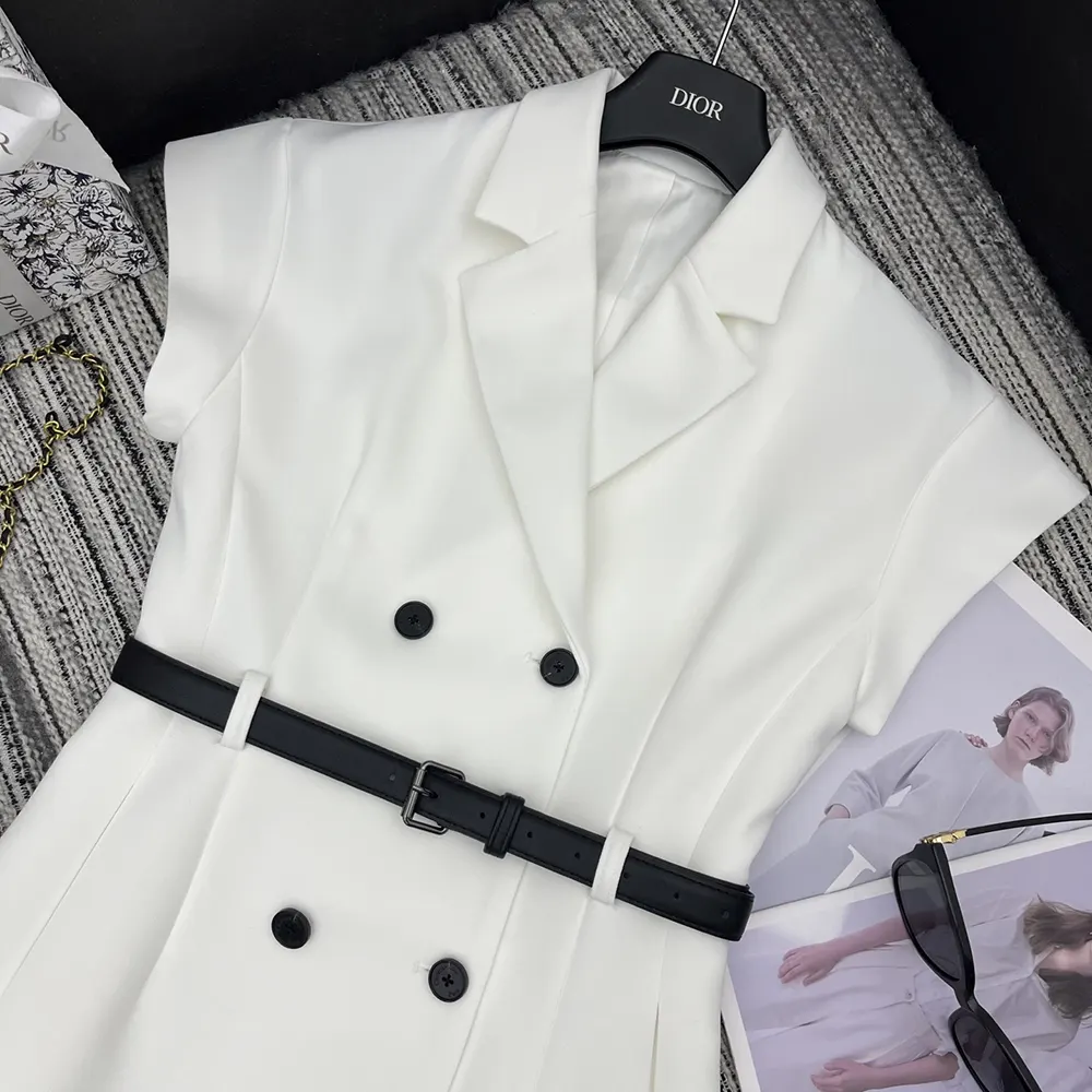 Dior Women Mid-Length Belted Dress Ecru Virgin Wool and Silk Grain de Poudre