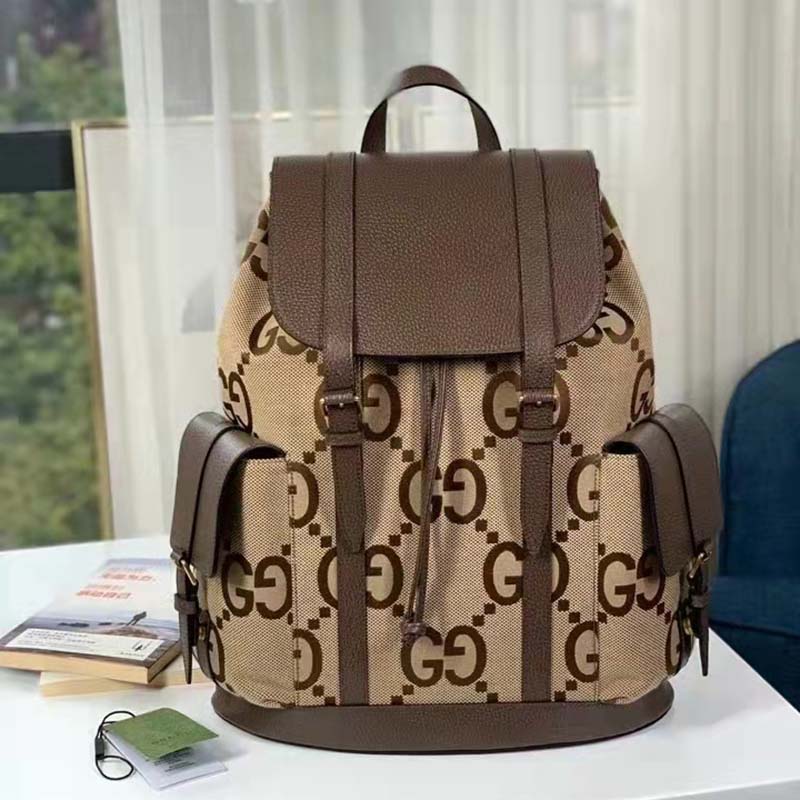 Gucci Unisex Backpack Jumbo GG Camel Ebony Canvas Brown Leather