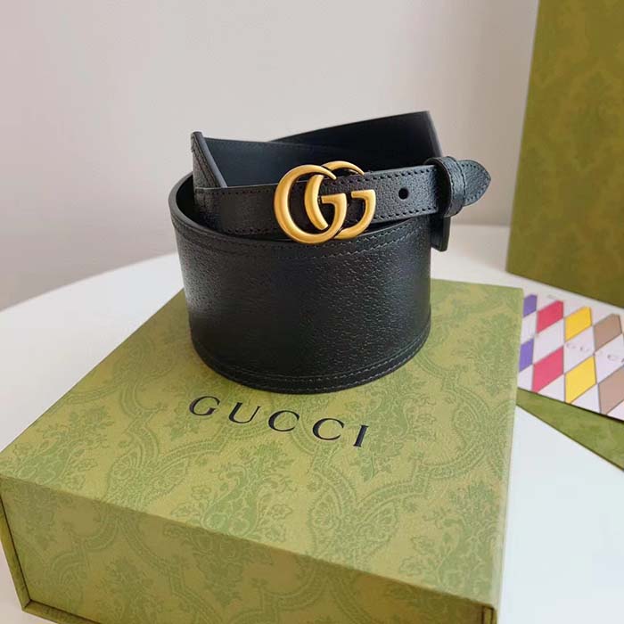 Gucci Unisex GG Marmont Wide Belt Black Leather Double G 6.9 CM Width
