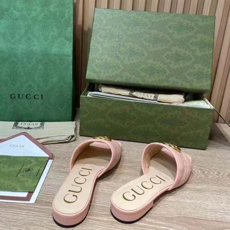 Gucci Women GG Matelassé Slide Sandal Beige Double G Square Toe Flat