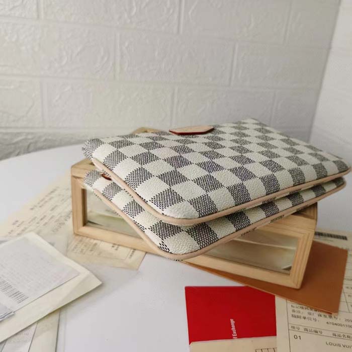 Louis Vuitton Unisex LV Double Zip Pochette Damier Azur Coated Canvas Cowhide Leather