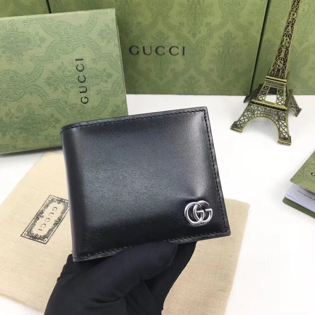 Gucci Unisex GG Marmont Leather Bi-Fold Wallet Black Smooth Leather Double G