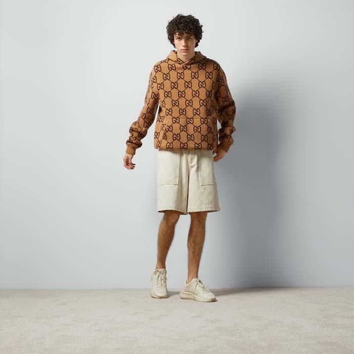 Gucci Men GG Wool Hooded Sweatshirt Camel Ebony Fixed Hood Kangaroo Pocket Rib