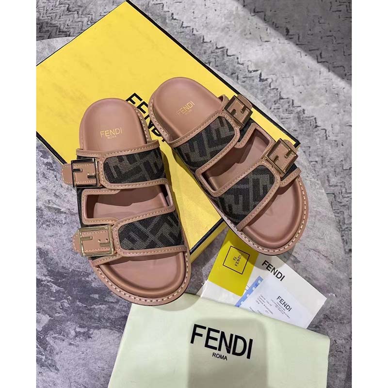 Fendi Women FF Fendi Feel Brown FF Fabric Slides 0.5 Cm Heel