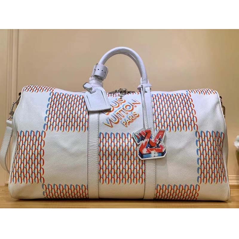 Louis Vuitton LV Unisex Keepall 50B White Damier Spray Cowhide Leather Textile Lining