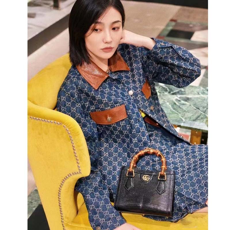 Gucci Women GG Diana Lizard Mini Bag Black Lizard Shiny Antique