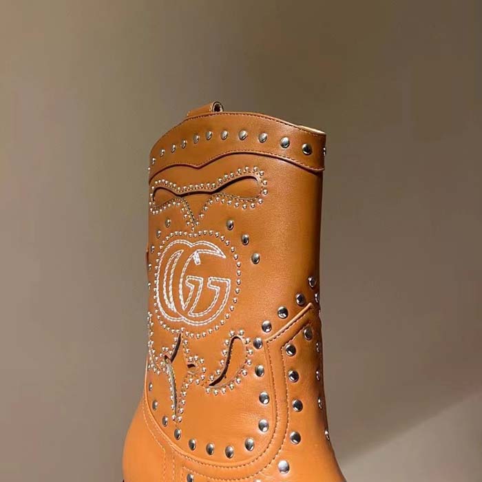 Gucci Women GG Boot Double G Embroidery Studs Brown Leather Low 3.6 CM Heel