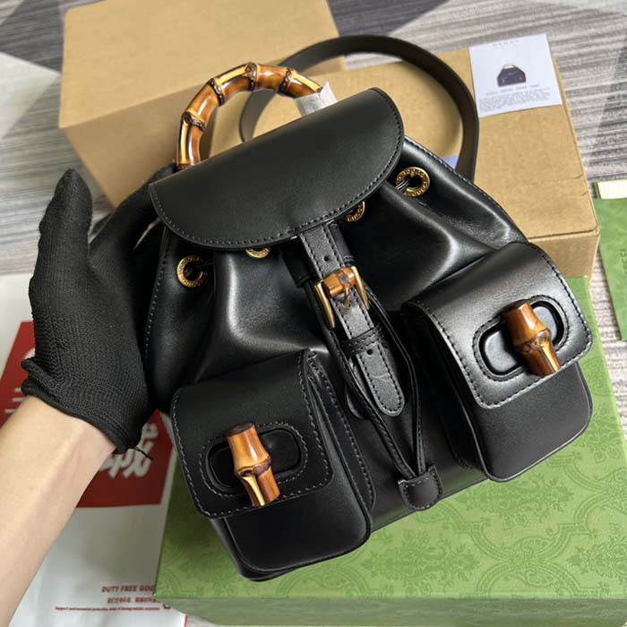 Gucci Unisex GG Bamboo Small Backpack Black Leather Bamboo Handle