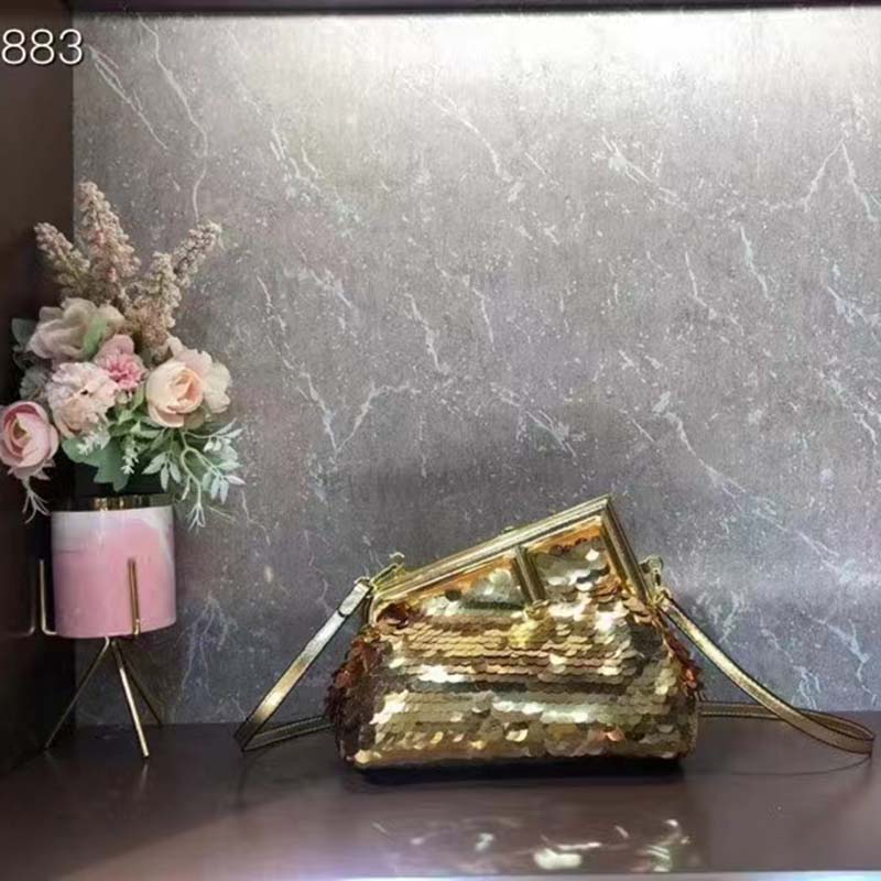 Fendi Women FF First Small Gold Colored Leather Sequinned Bag