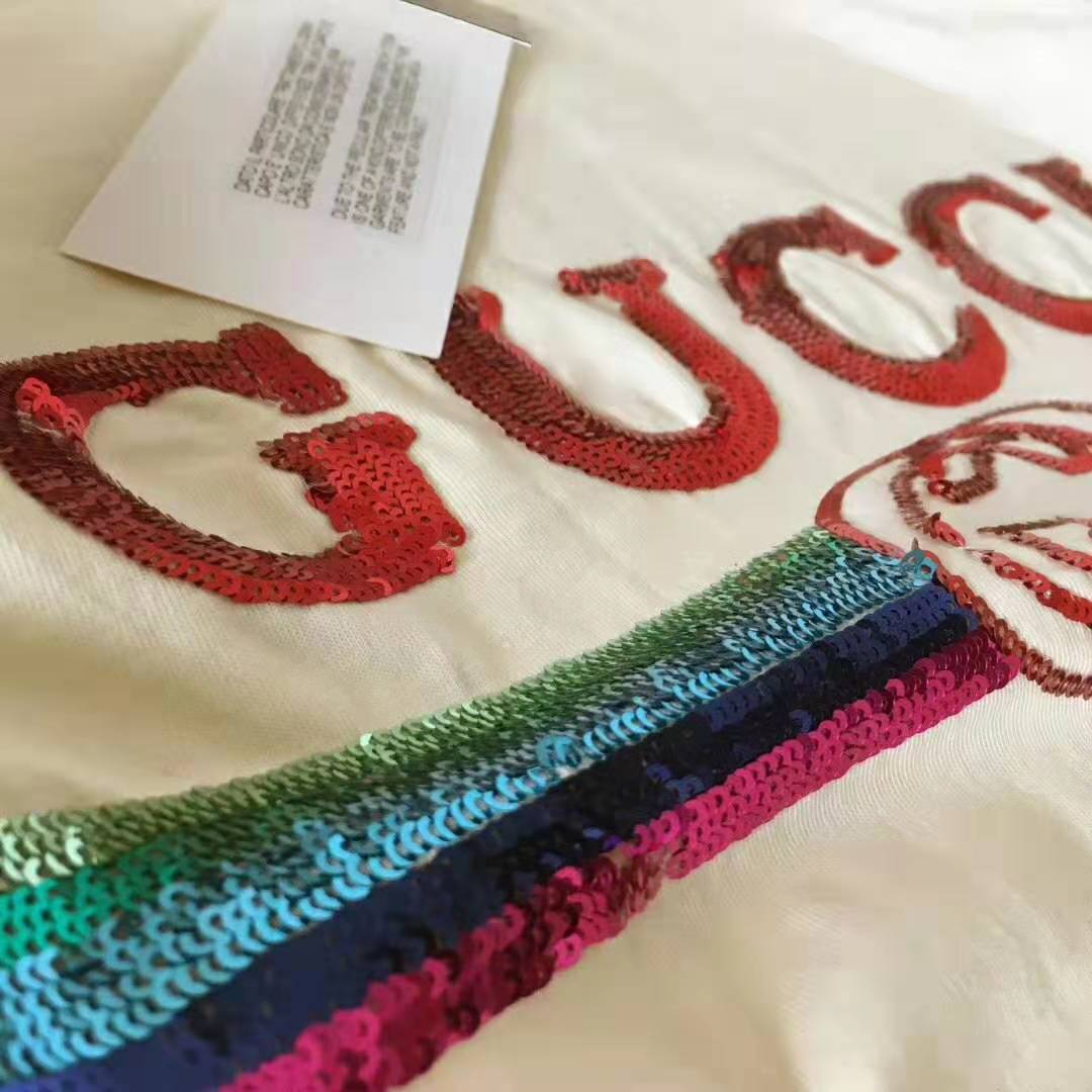 Gucci Women Oversize T-Shirt with Sequin Gucci Logo-White