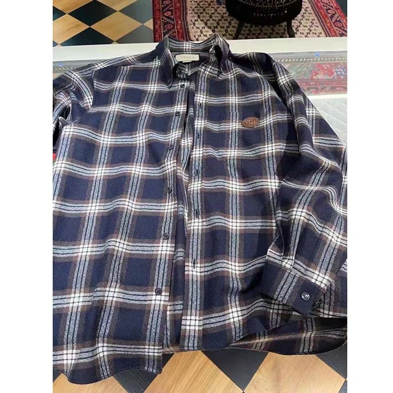 Gucci Men Check Wool Shirt Blue Yellow Check Leather Interlocking G Tag