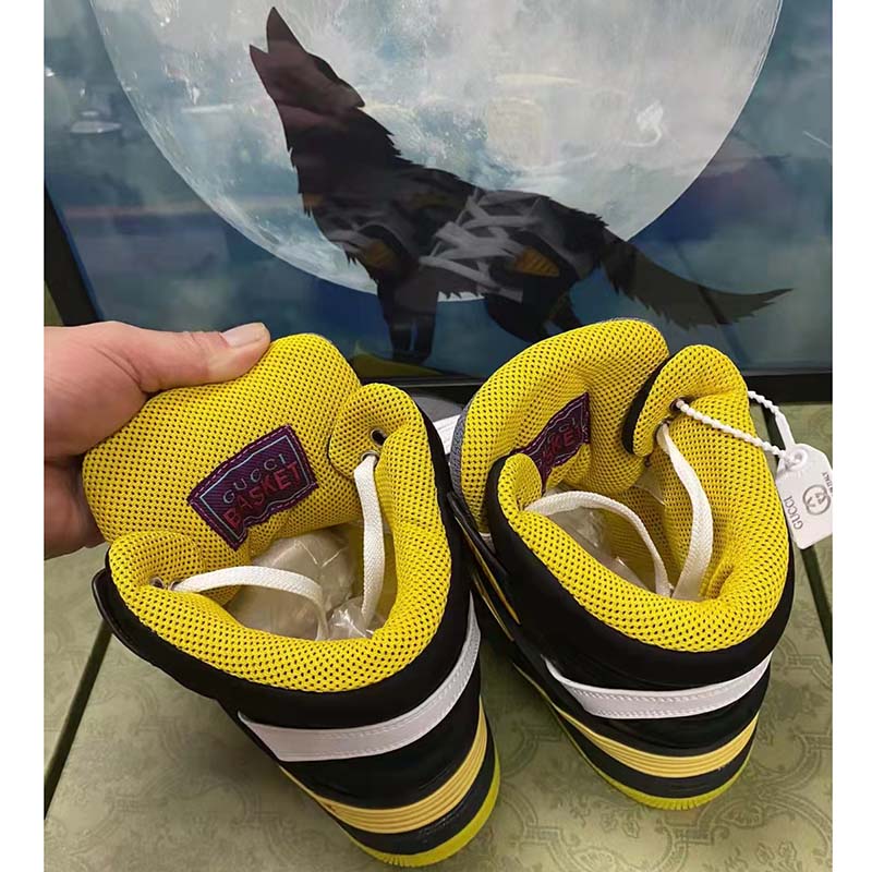 Gucci Unisex GG Gucci Basket Sneaker Black Demetra Rubber Interlocking Grey Mesh