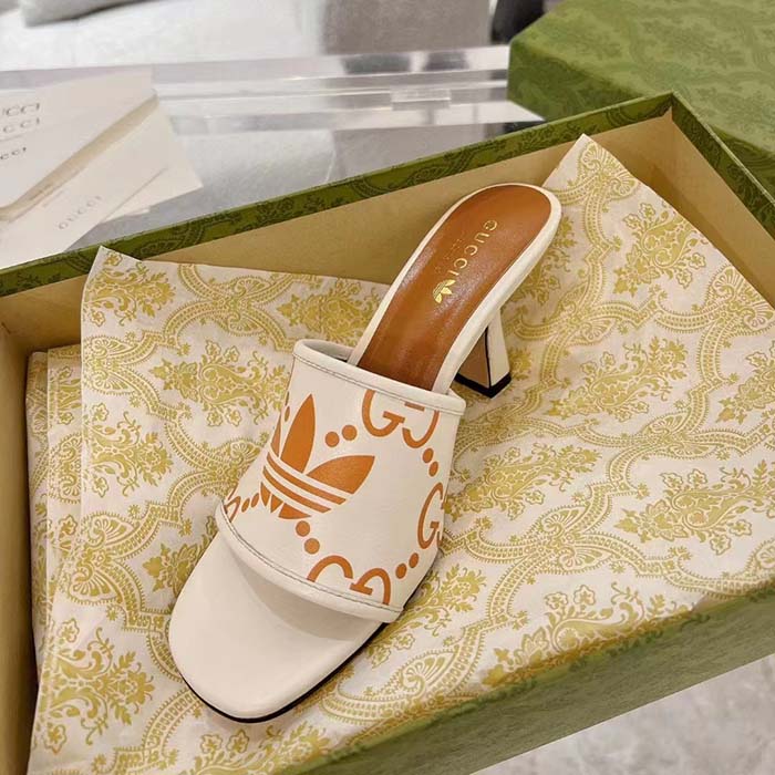 Gucci Women Adidas x Gucci Slide Sandal GG Trefoil Suede White Leather