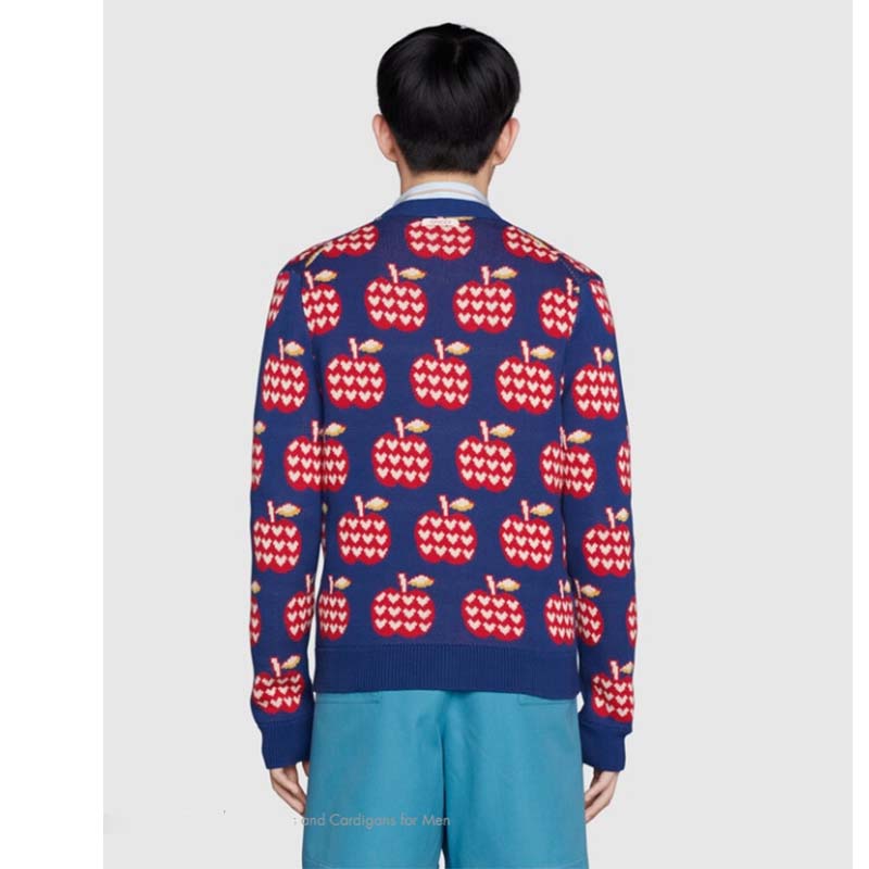 Gucci Men GG Les Pommes Cotton Cardigan Dark Blue Red Apple Knit Cotton Jacquard