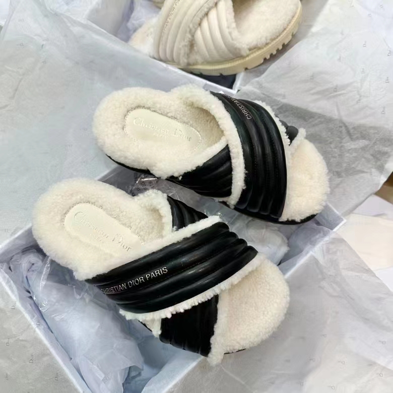 Dior Unisex CD D-Cross Slide Powder Black Lambskin White Shearling