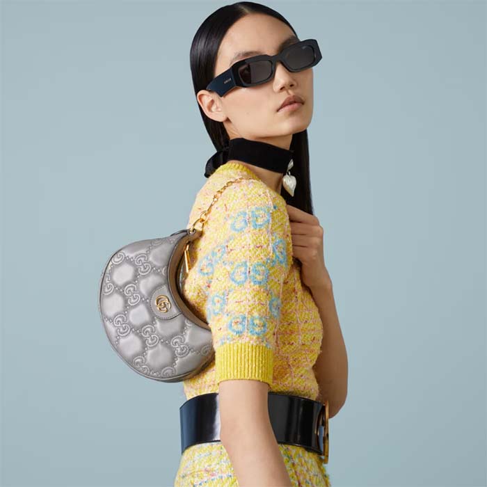 Gucci Women GG Matelassé Mini Bag Grey GG Matelassé Leather Double G