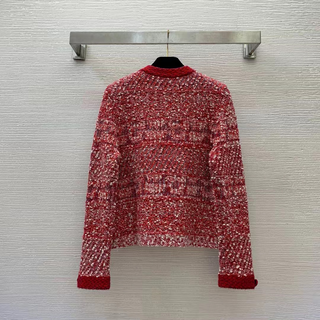 Chanel Women CC Coat Embroidered Cotton Wool Tweed Red White