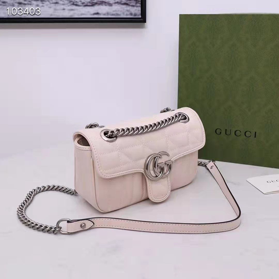 Gucci Women GG Marmont Mini Shoulder Bag White Double G Matelassé Leather