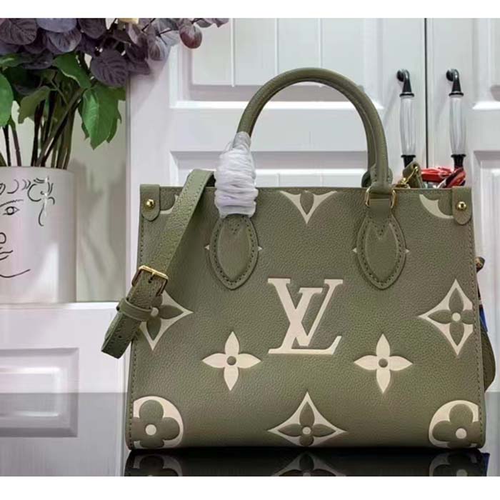 Louis Vuitton LV Women Onthego PM Light Khaki Cream Monogram Empreinte Embossed Grained Cowhide Leather