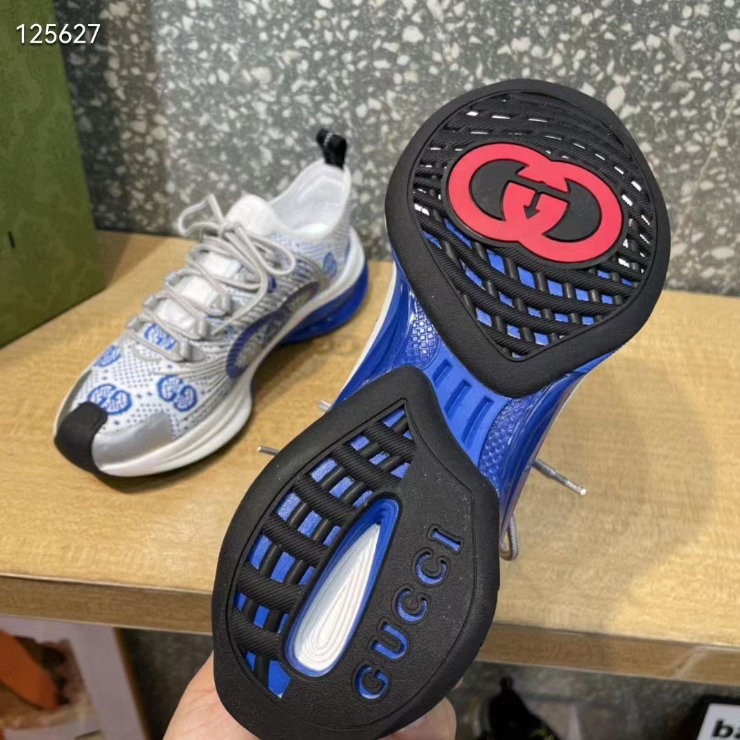 Gucci Unisex Run Sneaker White Blue GG Technical Knit Fabric Interlocking G Rubber