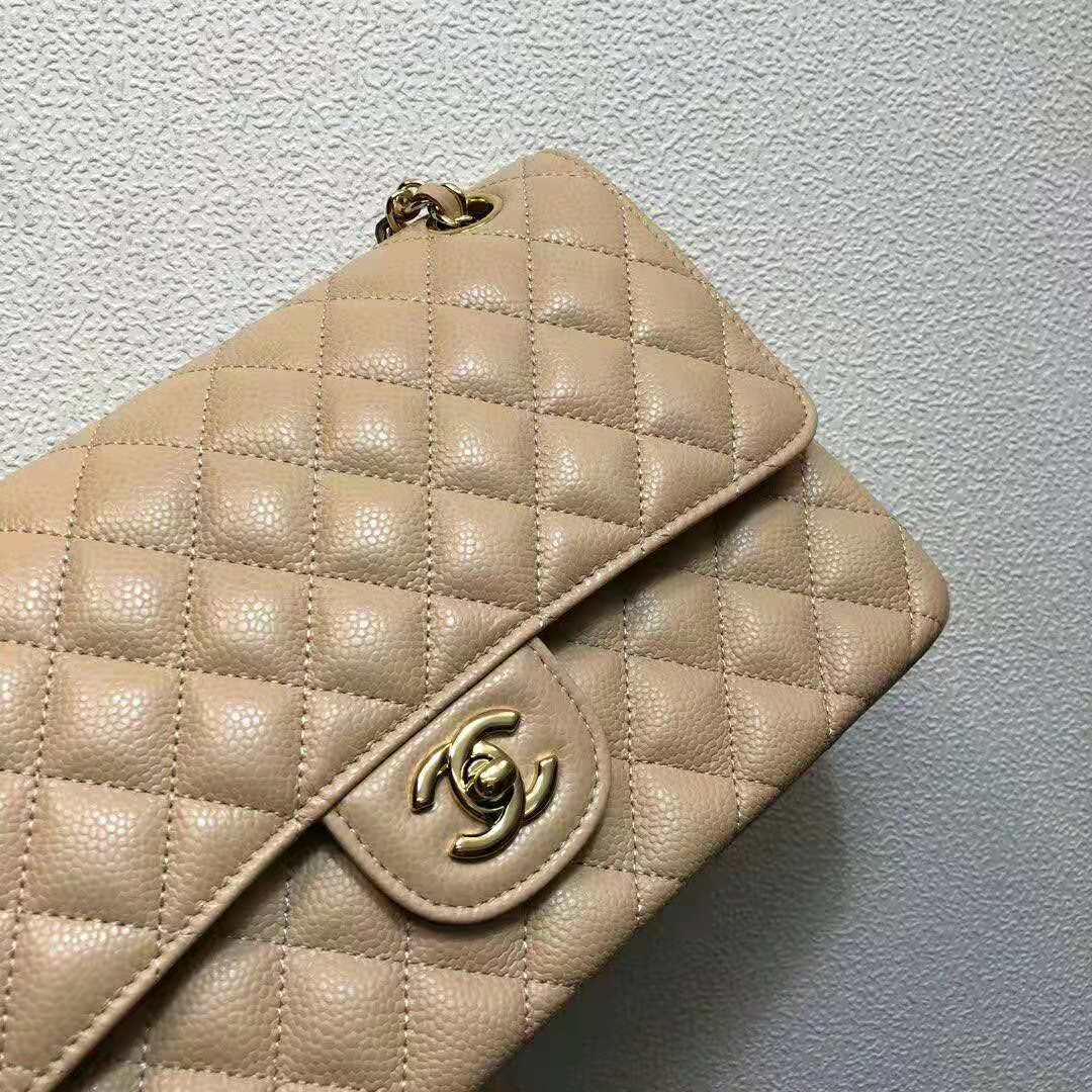 Chanel Women Large Classic Handbag in Grained Calfskin Leather-Sandy