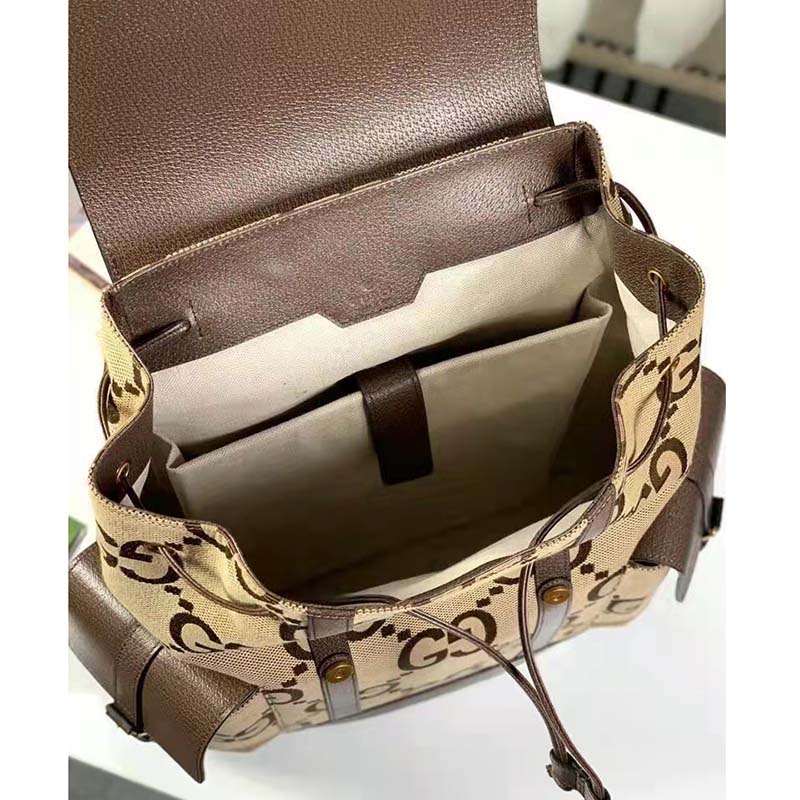 Gucci Unisex Backpack Jumbo GG Camel Ebony Canvas Brown Leather