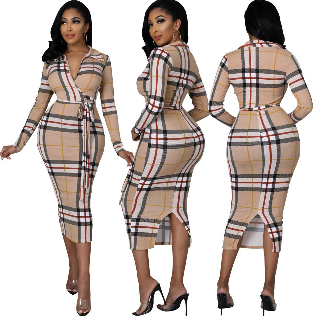 Fashion Long Sleeved Striped V-neck Wrapped Hip Dress 1023121505