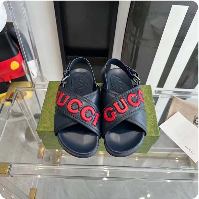 Gucci Unisex GG Gucci Sandal Smooth Blue Red Leather Script Rubber Buckle Flat
