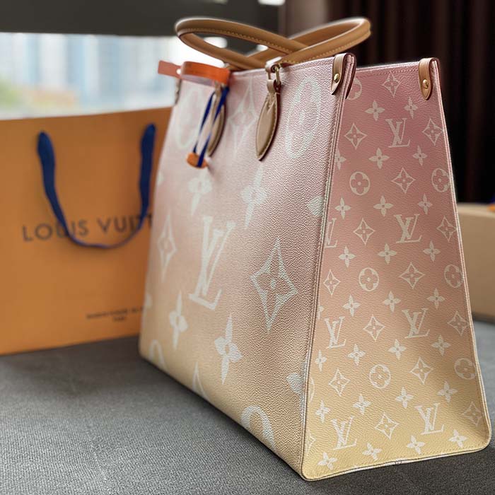 Louis Vuitton LV Women OnTheGo GM Tote Bag Pink Monogram Giant Coated Canvas Raffia