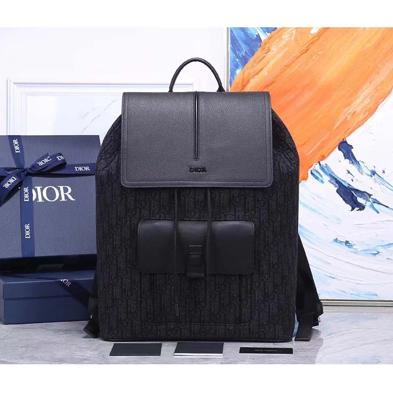 Dior Unisex CD Motion Backpack Black Oblique Jacquard Black Grained Calfskin