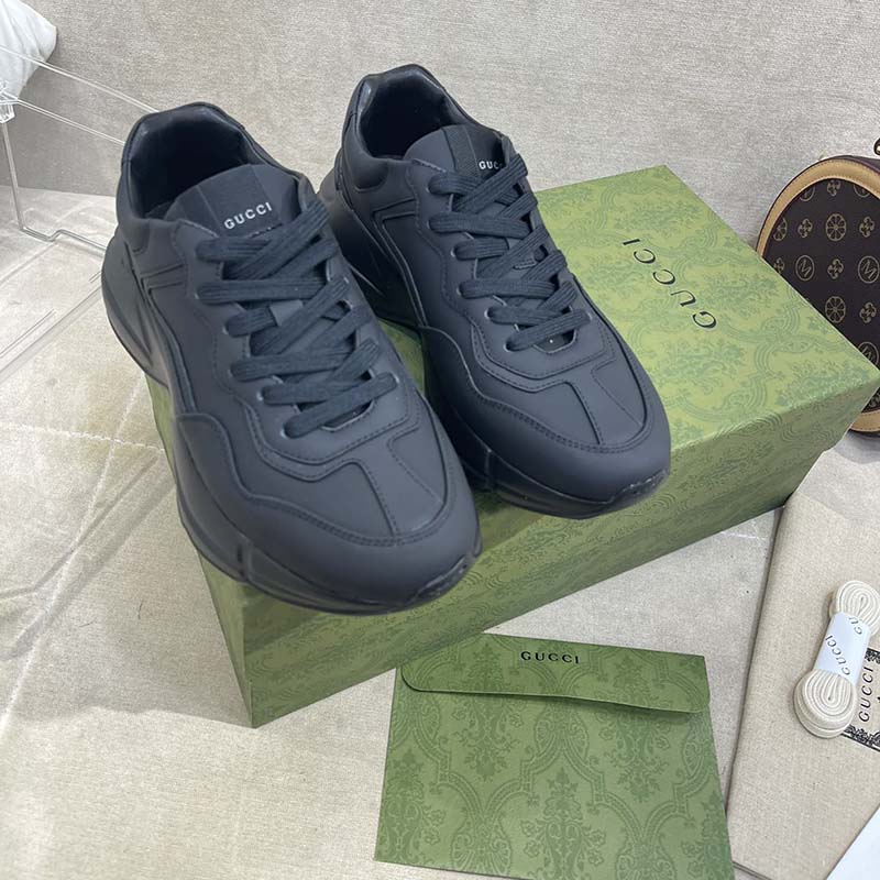 Gucci Unisex GG Rhyton Sneaker Black Leather Rubber Sole Low Heel