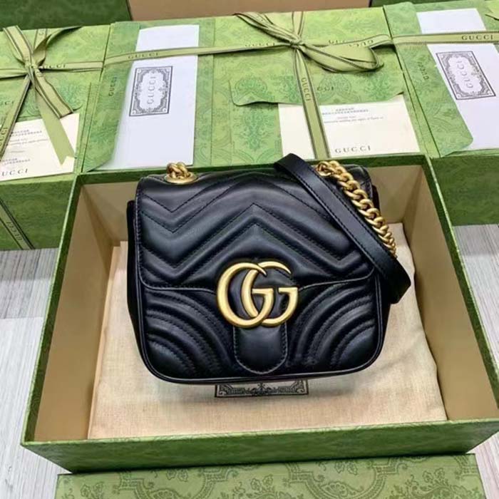 Gucci Women GG Marmont Matelassé Mini Shoulder Bag Black Chevron Leather