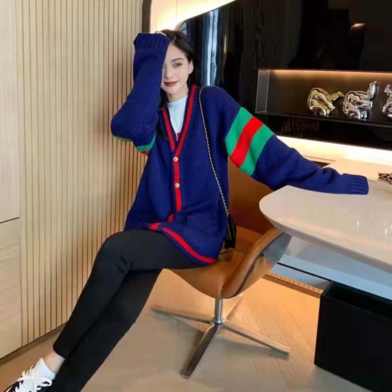 Gucci Women Gucci 100 Wool Cardigan Blue Wool Green Red V-Neck