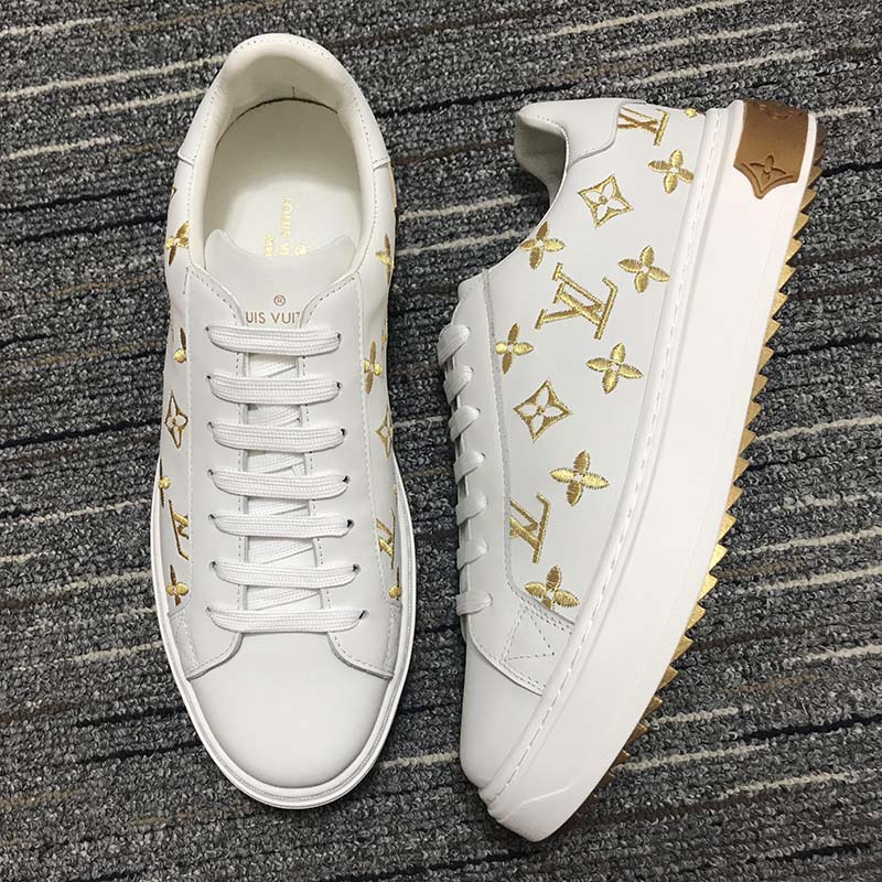 Louis Vuitton Unisex LV Time Out Sneaker Gold White Embroidered Calf Leather