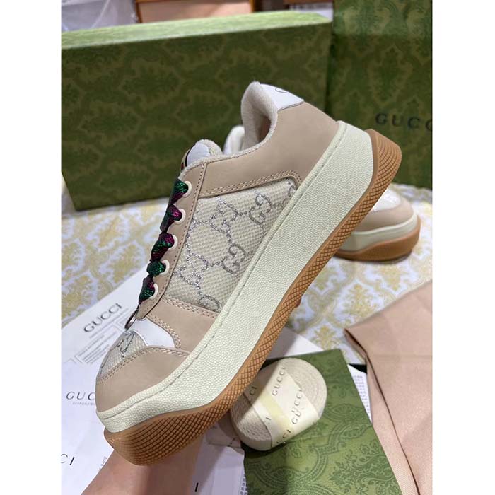 Gucci Unisex Screener Sneaker White GG Lamé Canvas Chunky Laces 4.8 CM Heel