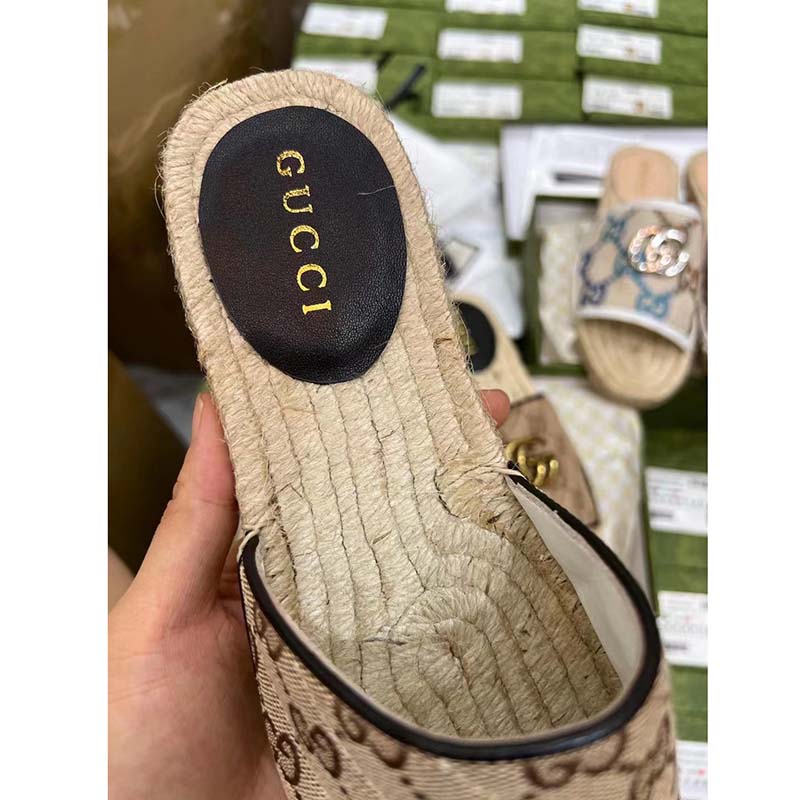 Gucci Unisex GG Matelassé Canvas Espadrille Sandal Beige Ebony 2 Cm Heel
