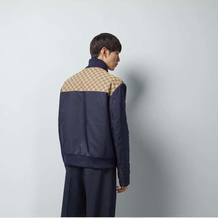 Gucci Men GG Nylon Canvas Zip Jacket Dark Blue Interlocking G Embroidered High Neck