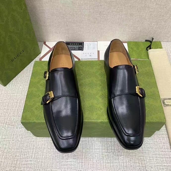 Gucci Men Monk Strap Loafer Smooth Black Leather Buckle Sole Flat 2 Cm Heel
