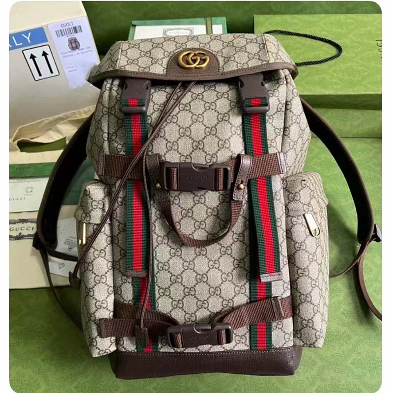 Gucci Unisex Skateboard Backpack Web Beige Ebony GG Supreme Canvas