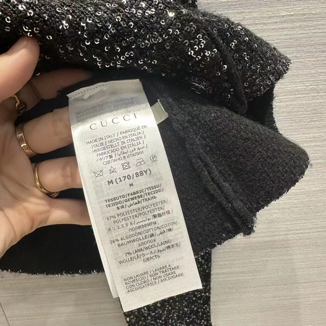 Gucci Women GG Viscose Knit Cardigan Blend Sequin Embroidery Silver Crewneck Long Sleeves