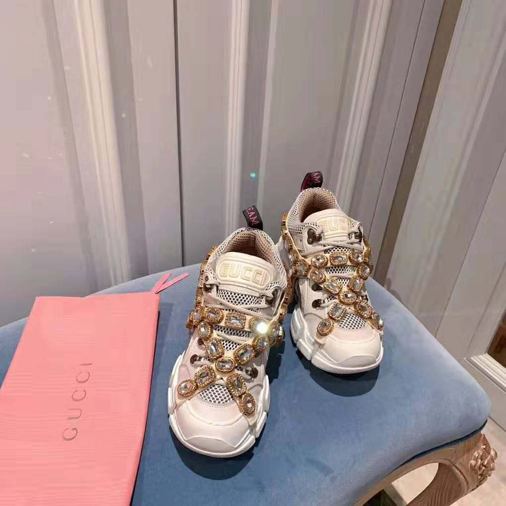 Gucci Women Flashtrek Sneaker with Removable Crystals 5.6cm Height-White