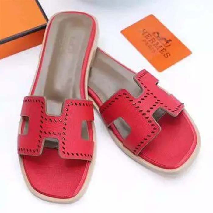 Hermes Women Oasis Sandal Red Calfskin Iconic “H” 5.6cm Heel