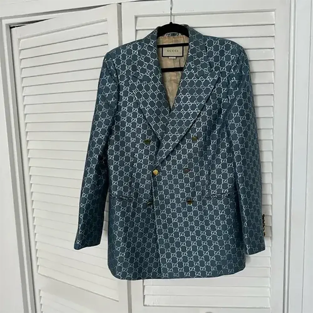 Gucci Men Double Breasted Wool Jacket with GG Shadow-Navy