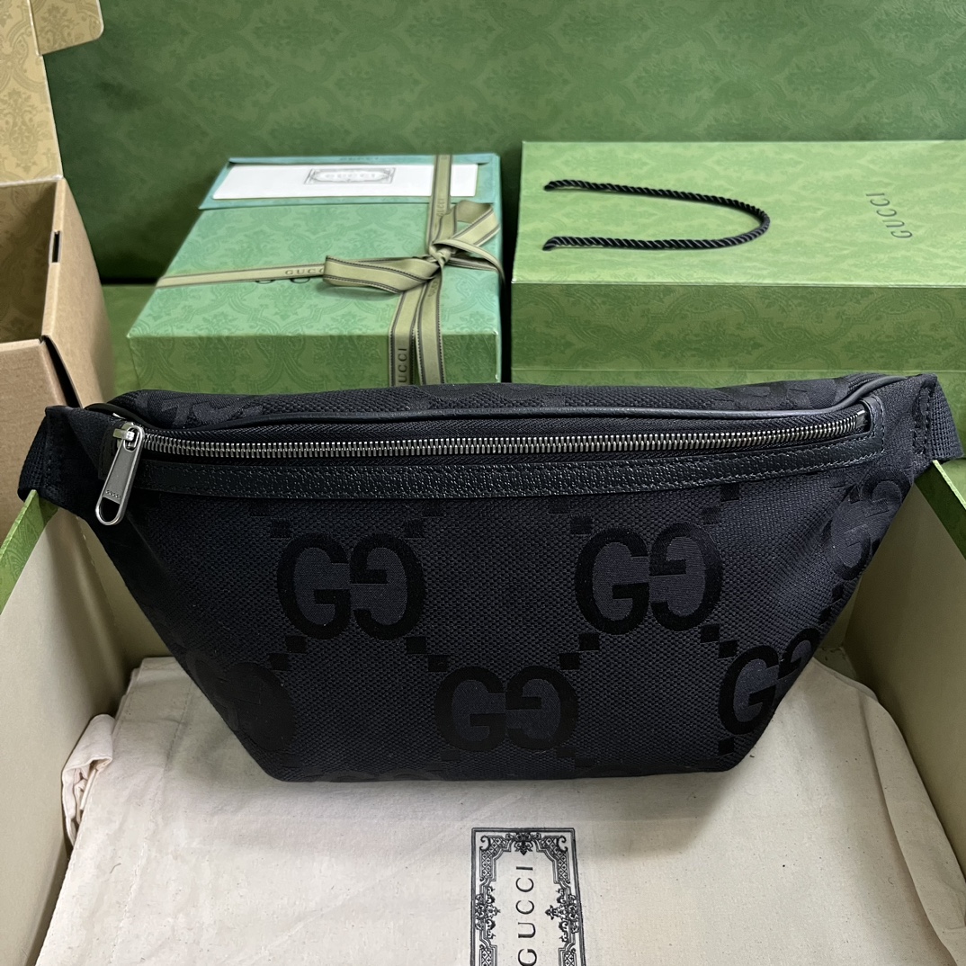 Gucci Unisex GG Jumbo GG Belt Bag Black Leather Canvas Zip Closure
