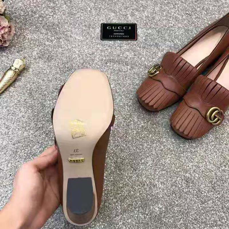 Gucci Women Leather Mid-Heel Pump with Fringe 5.1cm Heel-Brown