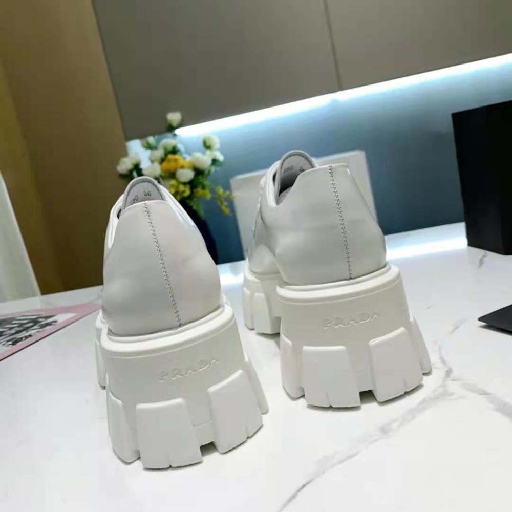 Prada Women Monolith Brushed Leather Lace-up Shoes-White