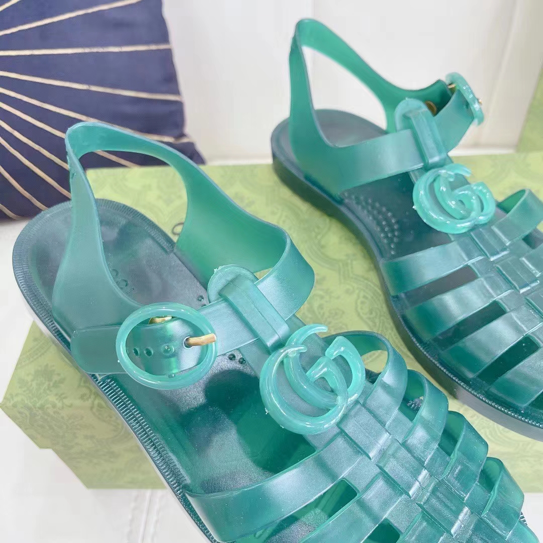 Gucci Unisex GG Sandal Double G Transparent Green Rubber Sole Ankle Buckle Flat