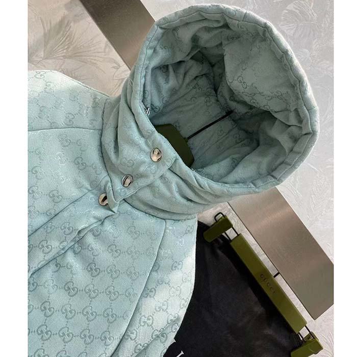 Gucci Women GG Canvas Hooded Bomber Jacket Pale Blue Two Side Pockets Padded Drawstring Hem